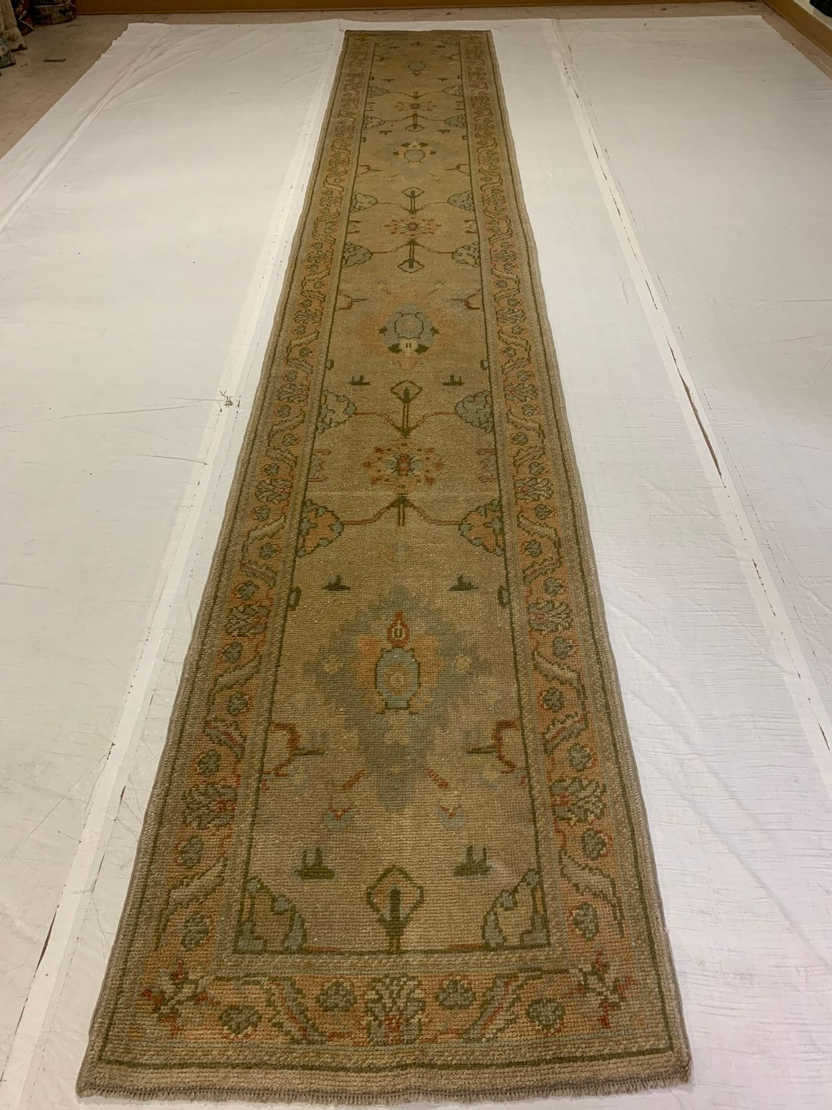 3x12 Beige and Green Turkish Oushak Runner