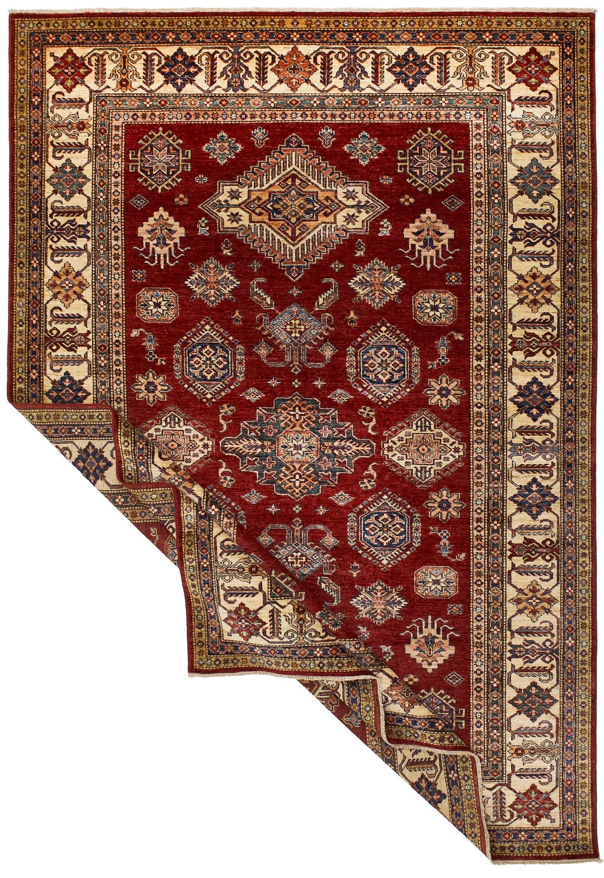 7x10 Red and Ivory Kazak Tribal Rug