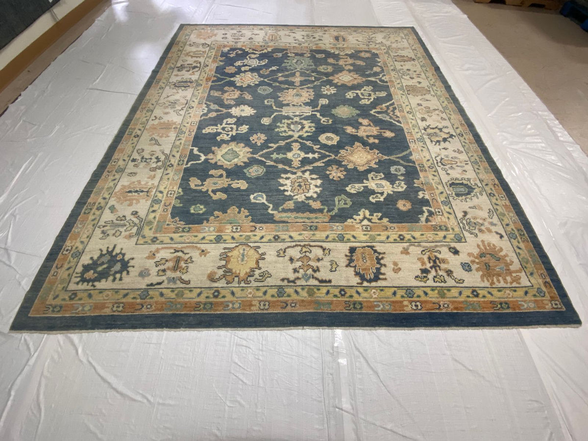 8x10 Blue and Ivory Turkish Oushak Rug