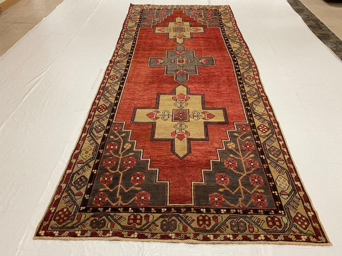 Vintage Handmade 5x12 Red and Beige Anatolian Turkish Tribal Distressed Area Runner