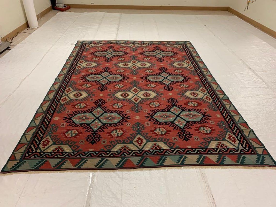 7x9 Rust and Blue Turkish Tribal Rug