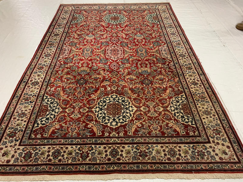 7x10 Beige and Red Turkish Silk Rug