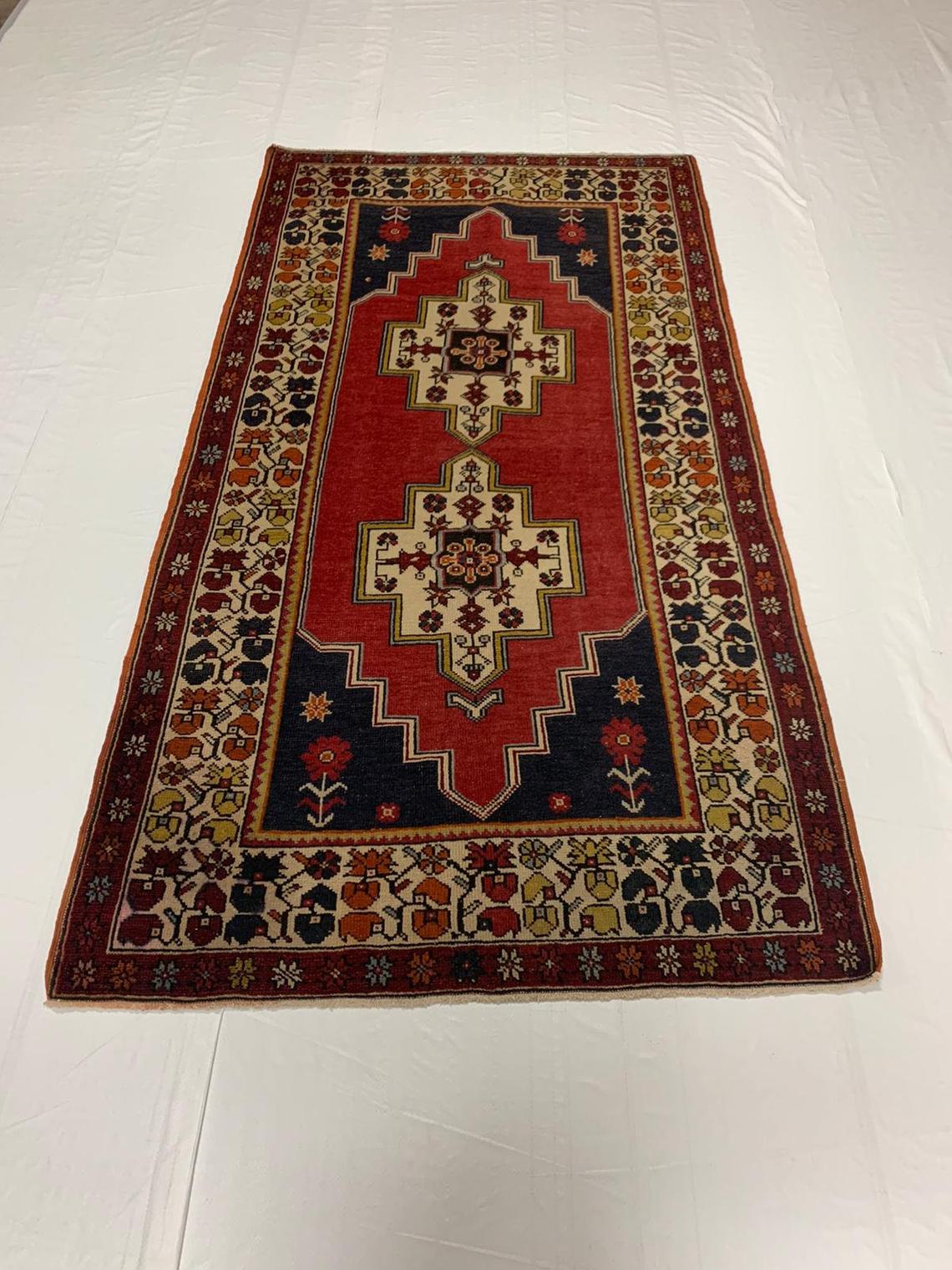 4x7 Red and Ivory Turkish Tribal Rug