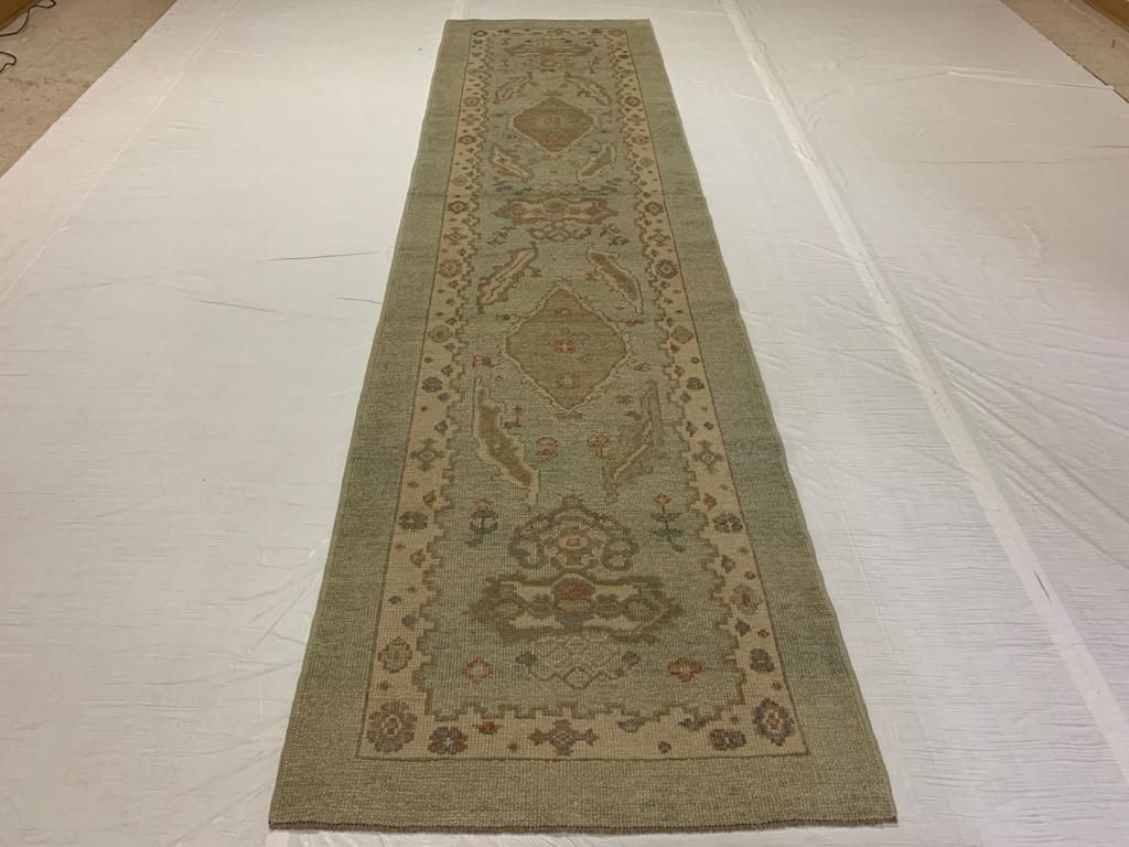 3x12 Light Blue and Beige Turkish Oushak Runner