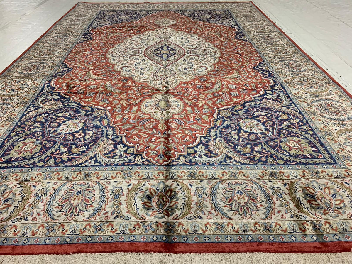 Vintage Handmade 7x10 Red and Ivory Anatolian Turkish Silk Hereke Distressed Area Rug
