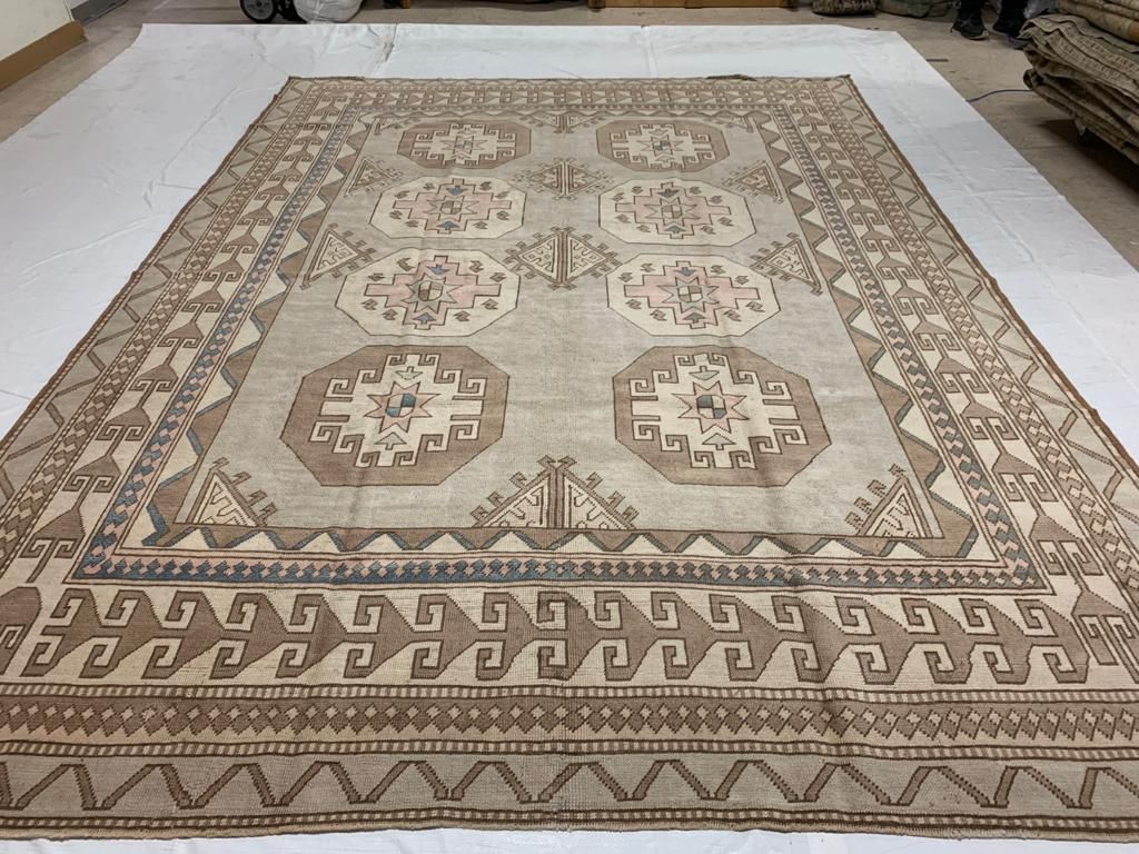 9x12 Ivory and Brown Turkish Tribal Rug