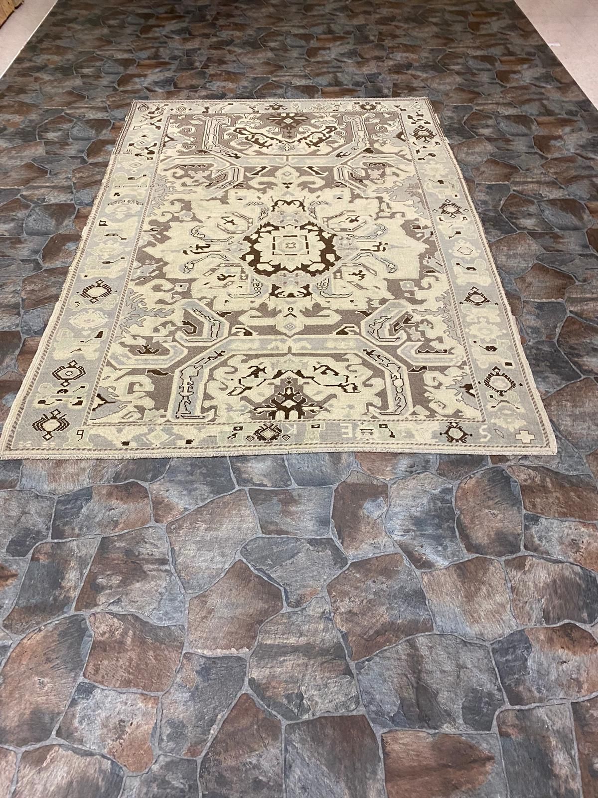 6x9 Ivory and Purple Turkish Tribal Rug