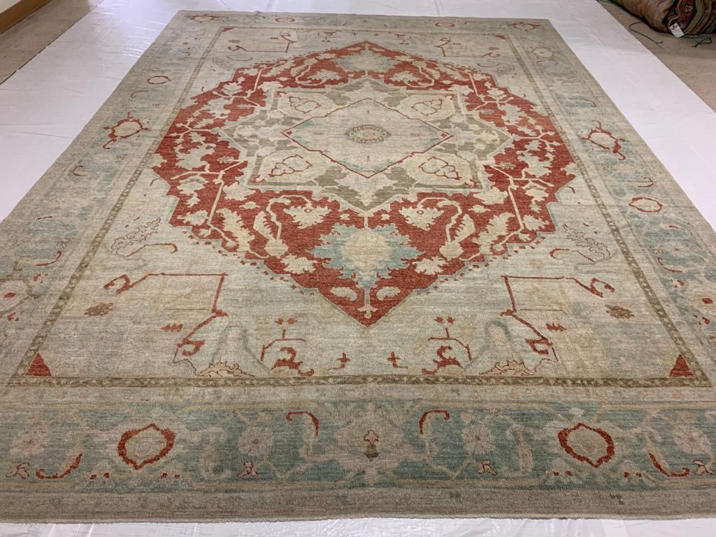 9x13 Red and Light Blue Turkish Oushak Rug