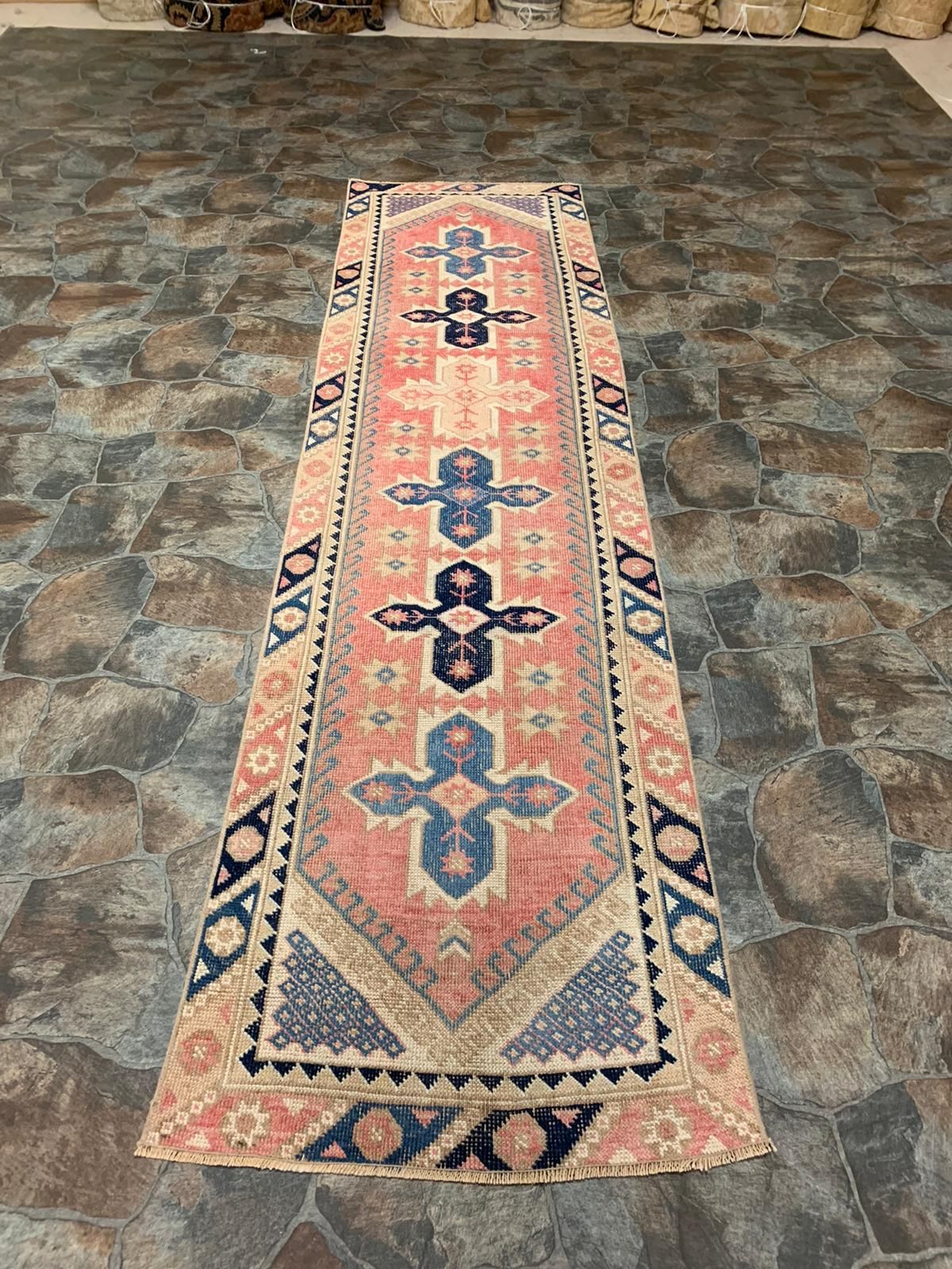 2x9 Pink and Navy Turkish Tribal Runner