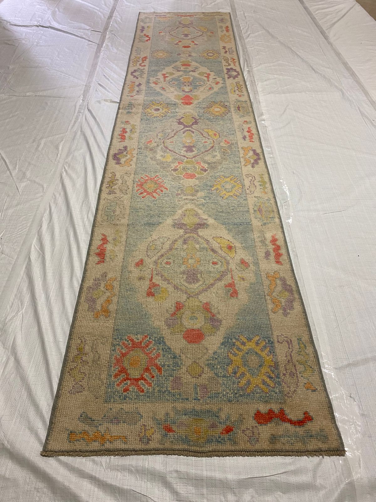 3x13 Blue and Ivory Turkish Oushak Runner