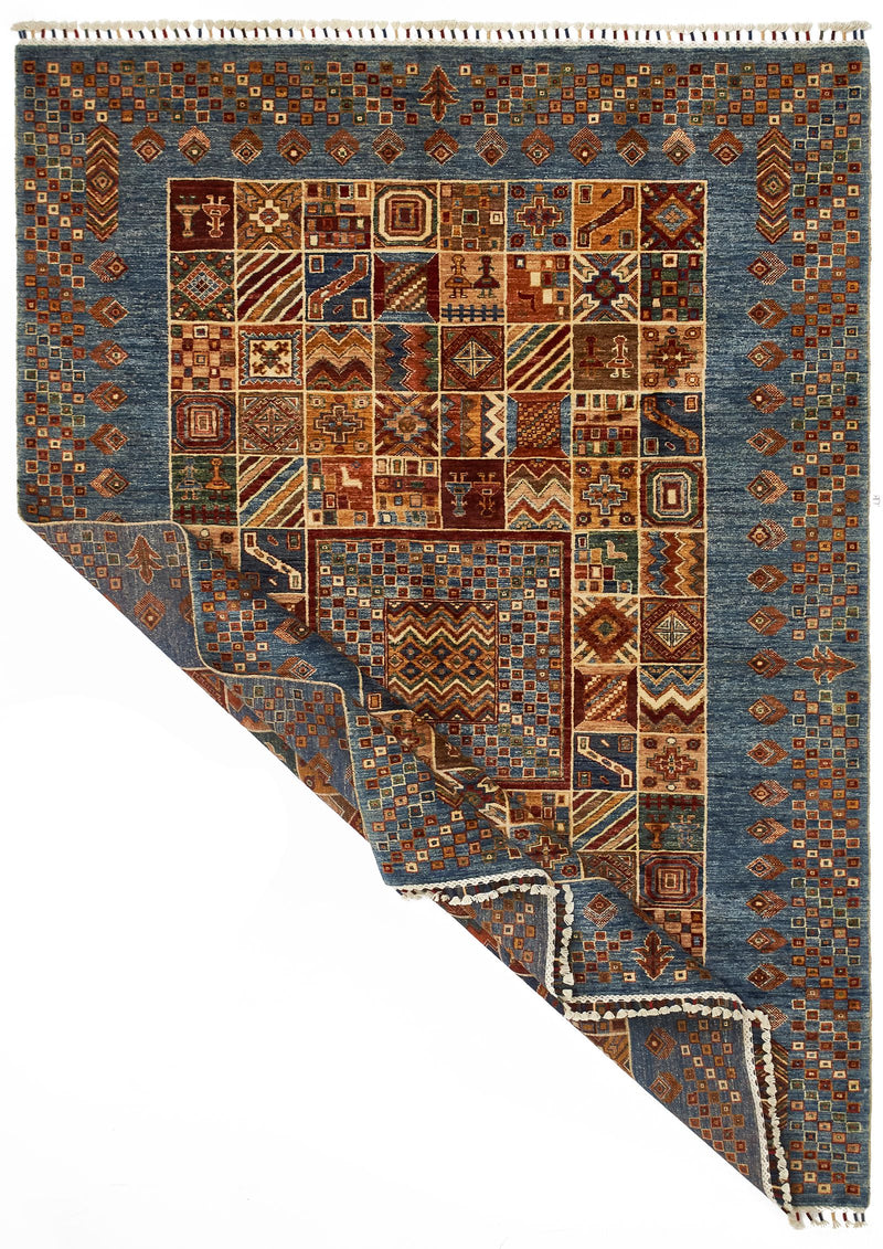 6x8 Beige and Blue Turkish Tribal Rug