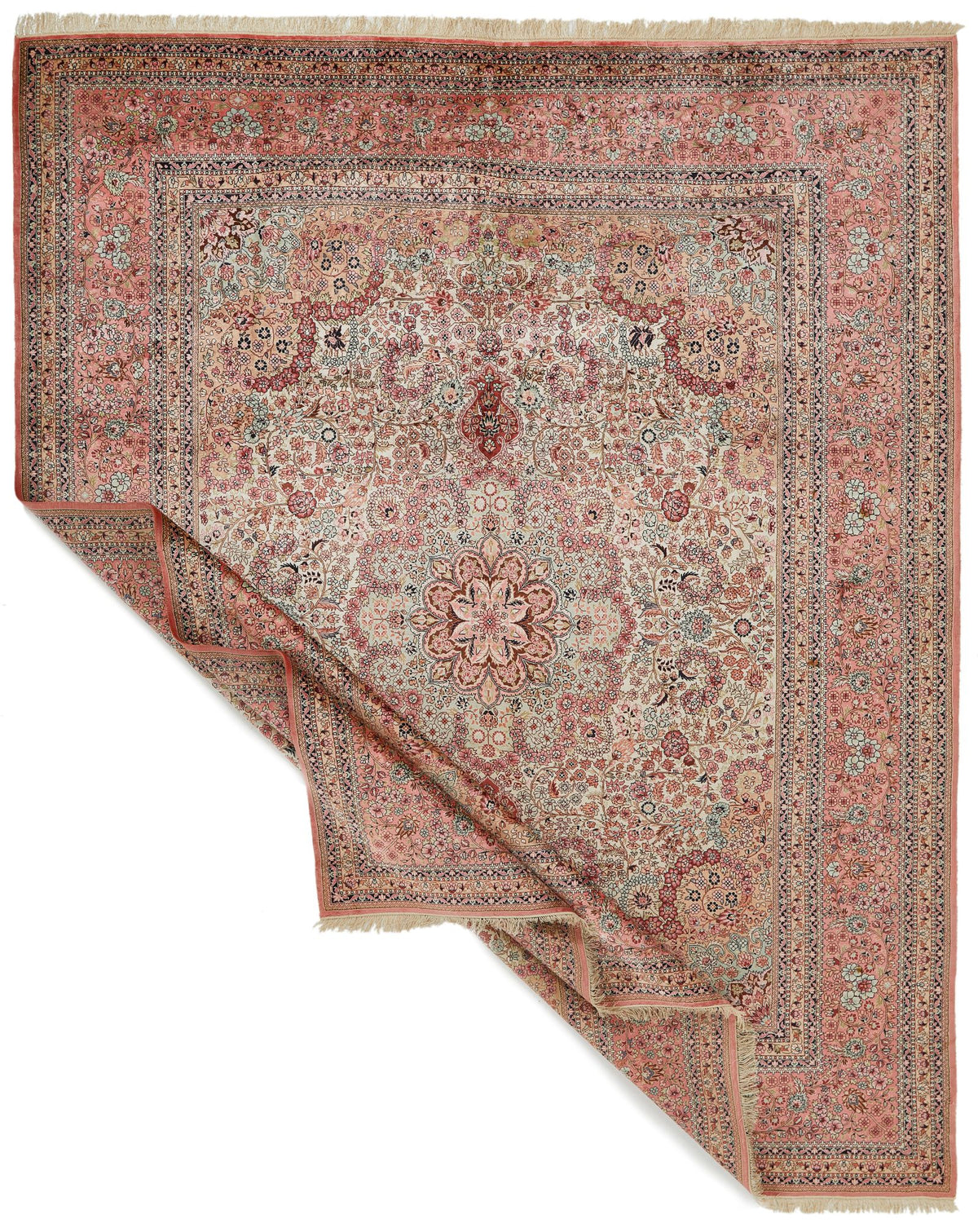 8x10 Ivory and Pink Persian Silk Rug