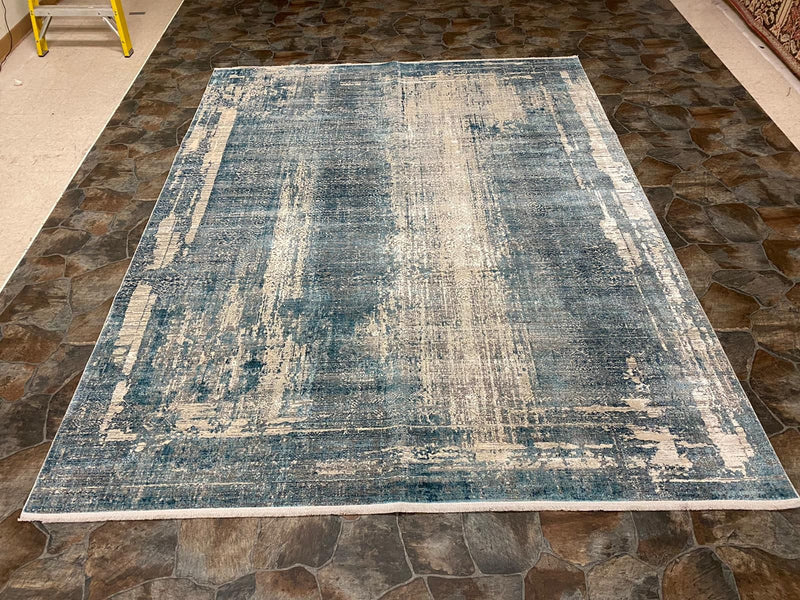 7x10 White and Blue Turkish Antep Rug
