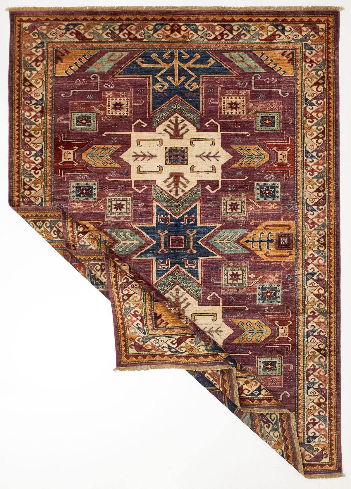 6x8 Purple and Ivory Turkish Tribal Rug