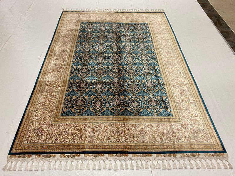 6x8 Blue and White Turkish Silk Rug