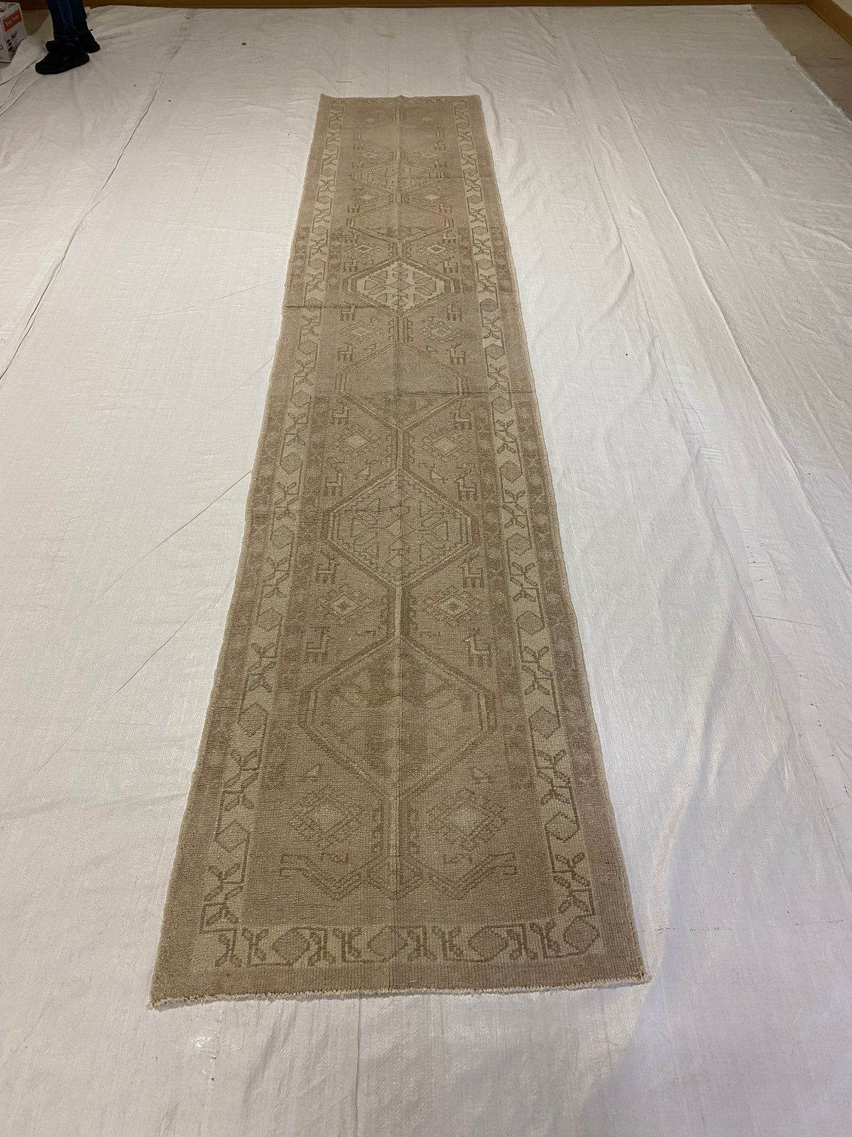 2x13 Beige and Ivory Green Turkish Tribal Runner