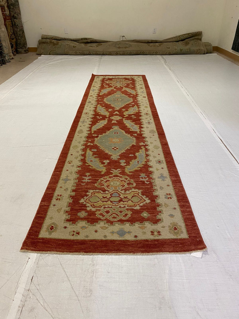 Vintage Handmade 3x11 Red and Gold Anatolian Turkish Oushak Distressed Area Runner