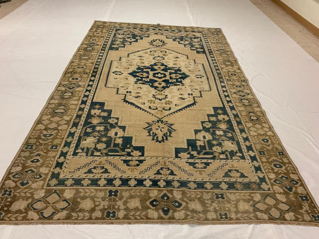 6x10 Ivory and Blue Turkish Tribal Rug