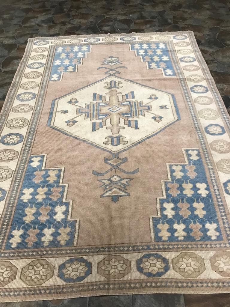 6x8 Beige and Blue Turkish Tribal Rug