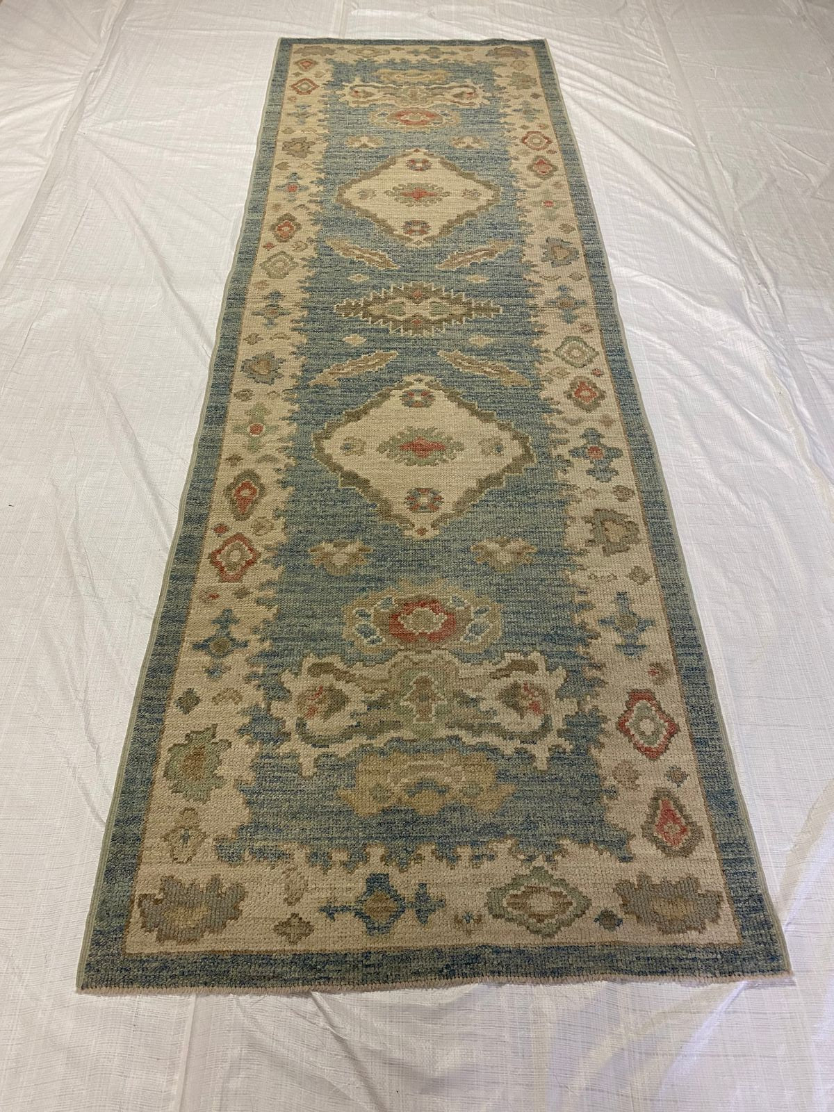 3x10 Blue and Ivory Turkish Oushak Runner