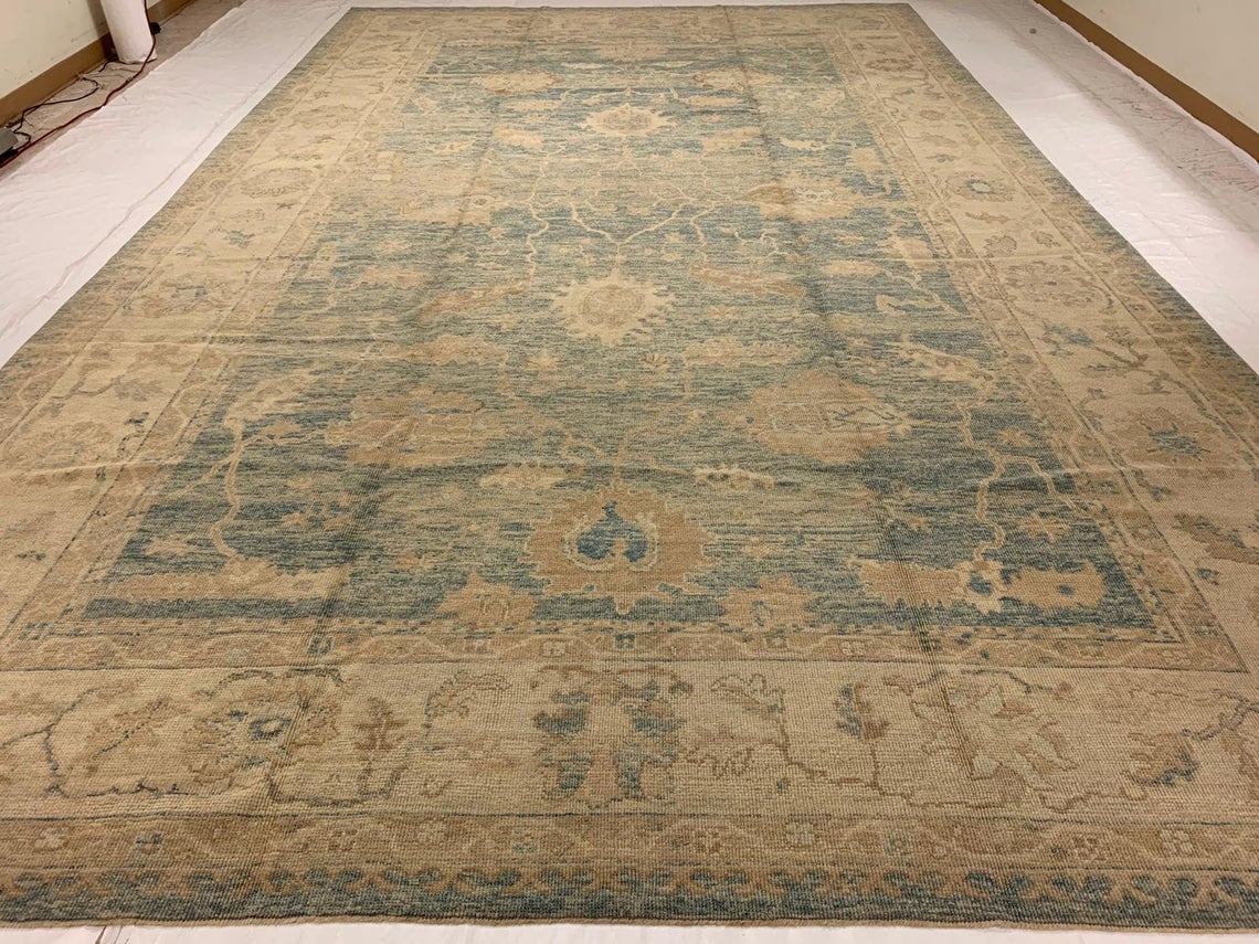 11x18 Blue and Ivory Turkish Oushak Rug