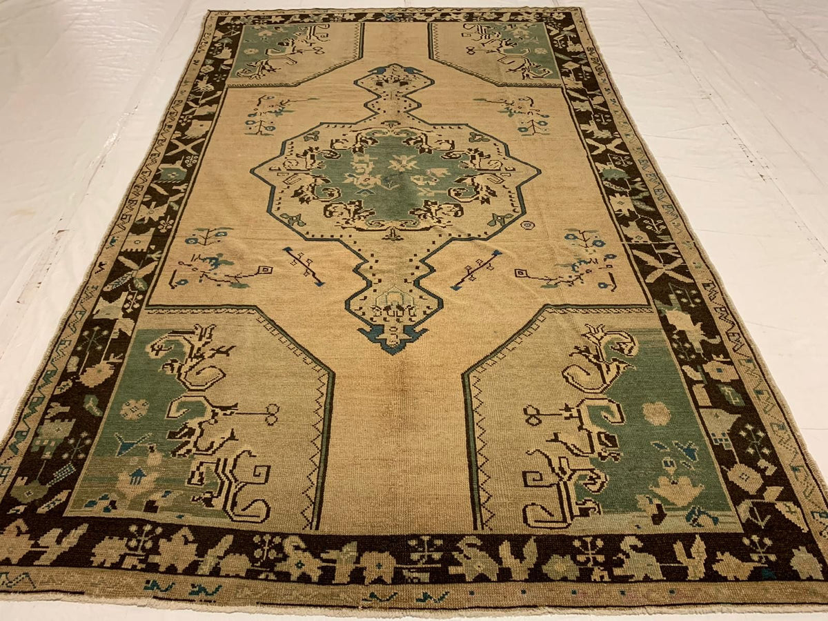 6x10 Ivory and Blue Turkish Tribal Rug