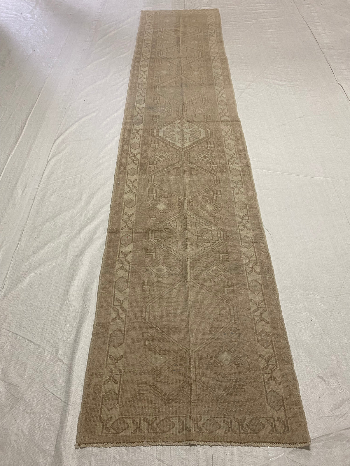 2x13 Beige and Ivory Green Turkish Tribal Runner