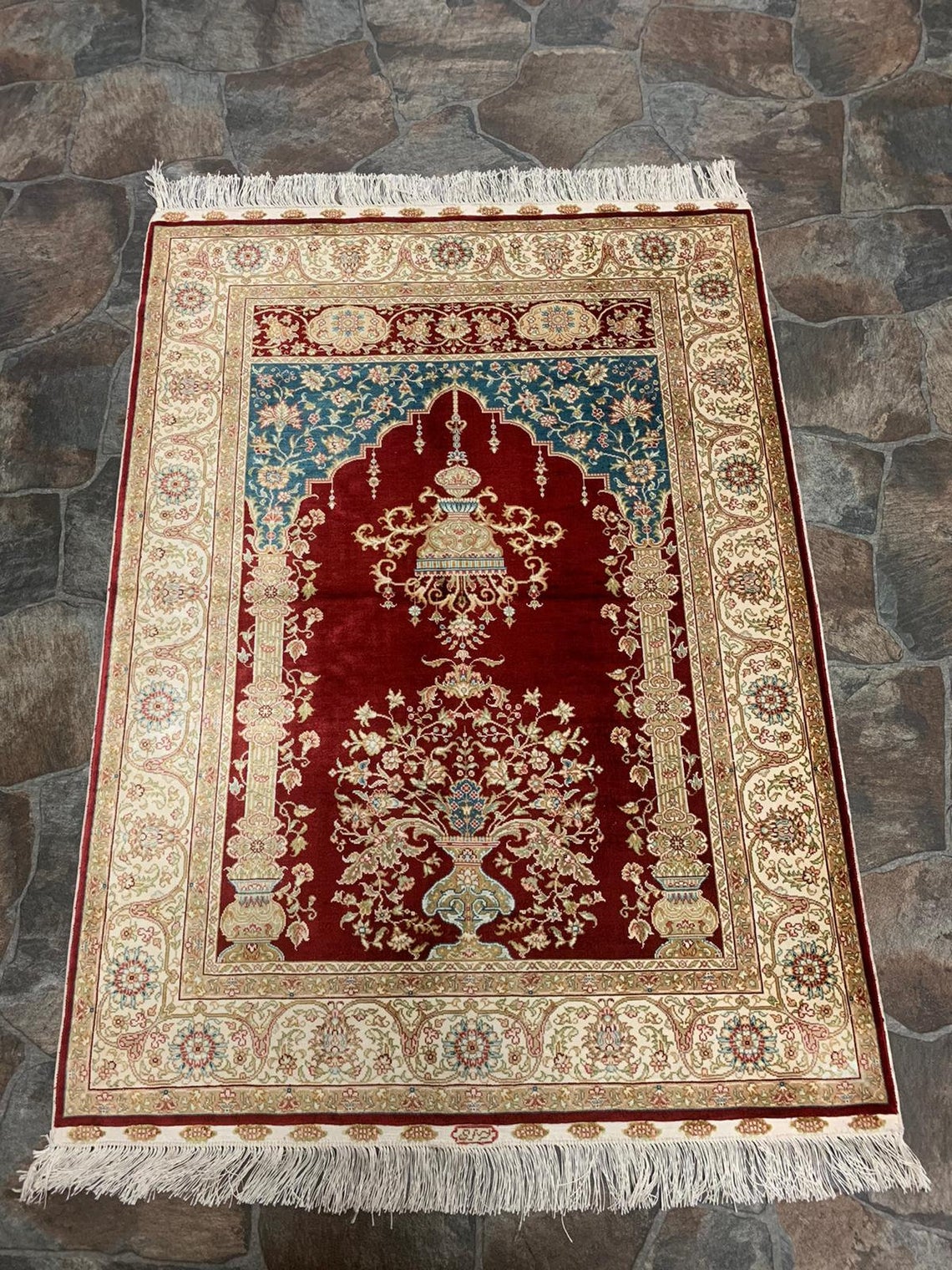 Vintage Handmade 3x4 Red and Ivory Anatolian Turkish Silk Hereke Distressed Area Rug