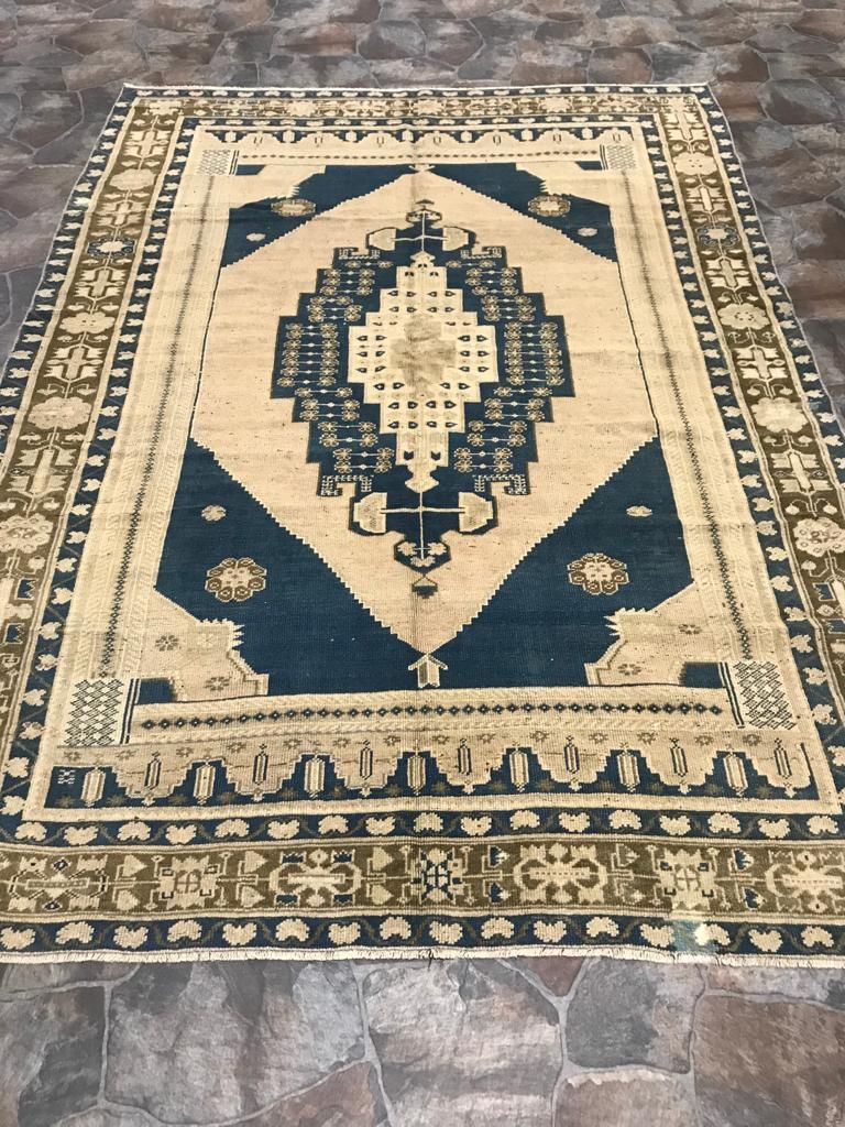 6x8 Blue and Beige Turkish Tribal Rug