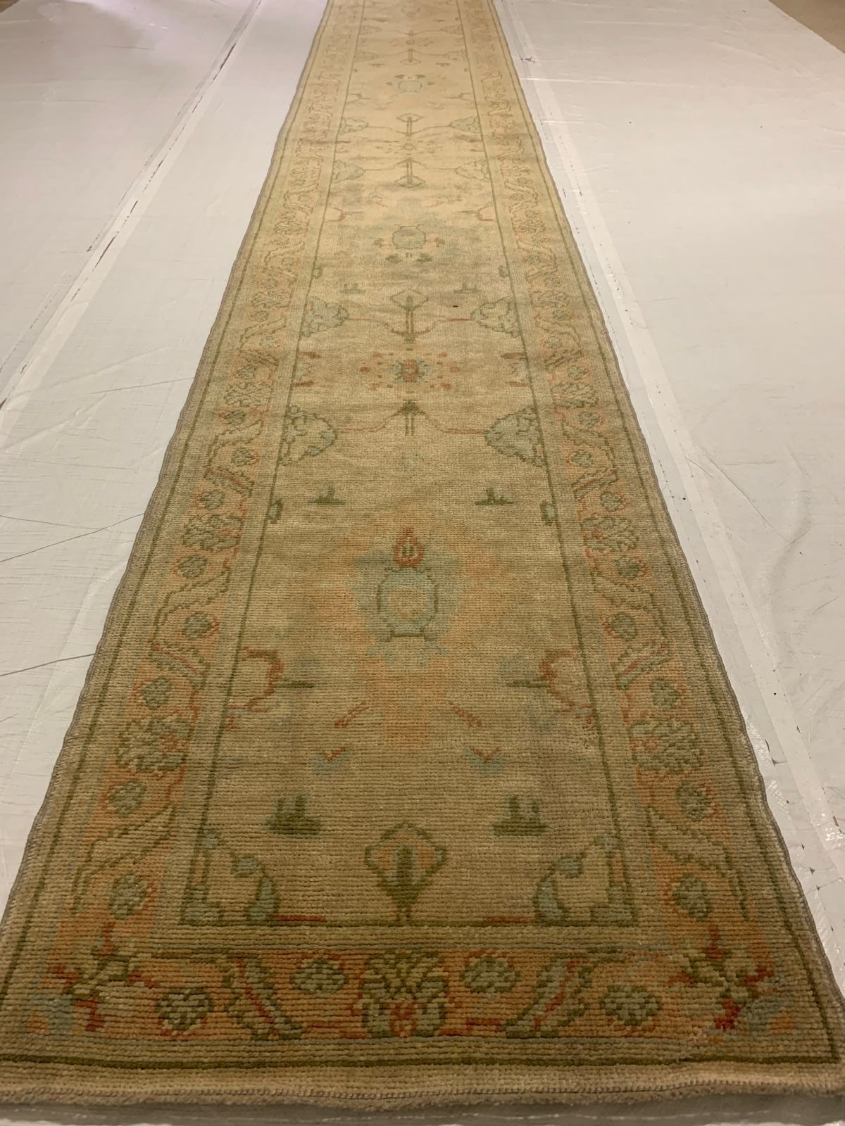 3x12 Beige and Green Turkish Oushak Runner