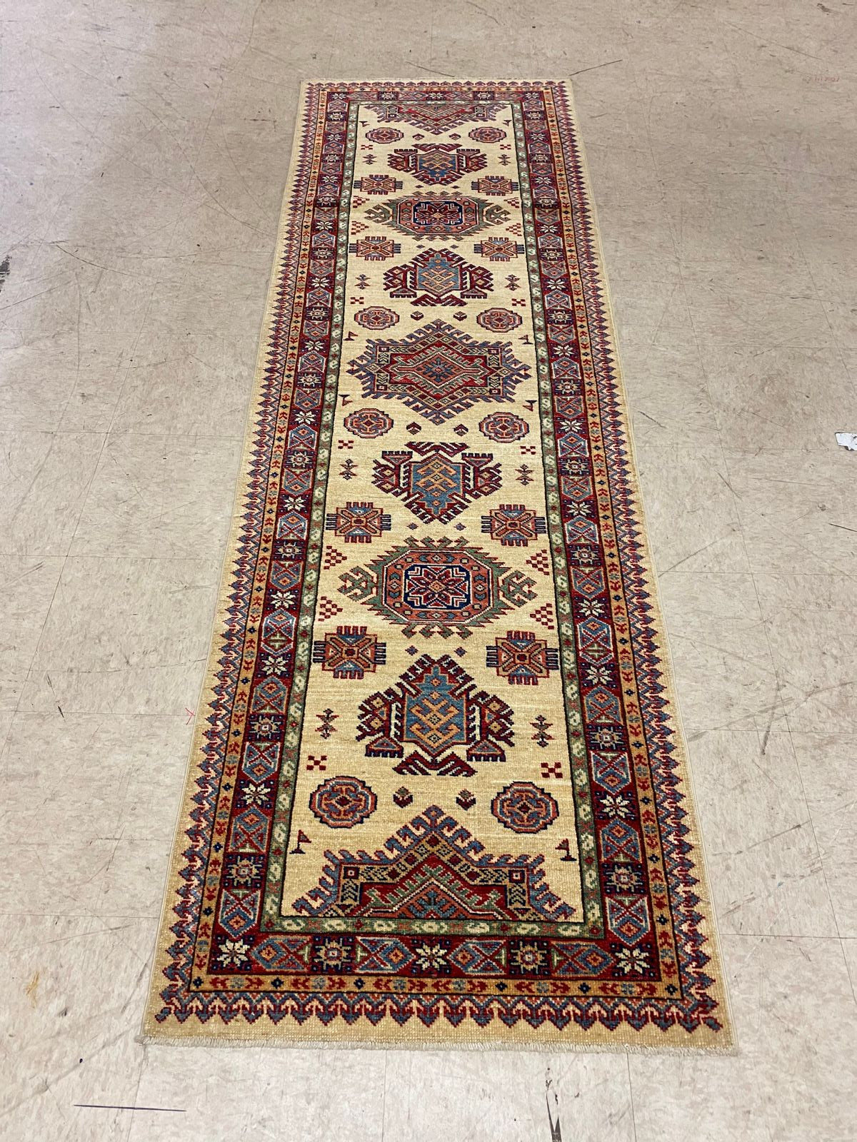 3x8 Ivory and Red Kazak Tribal Runner