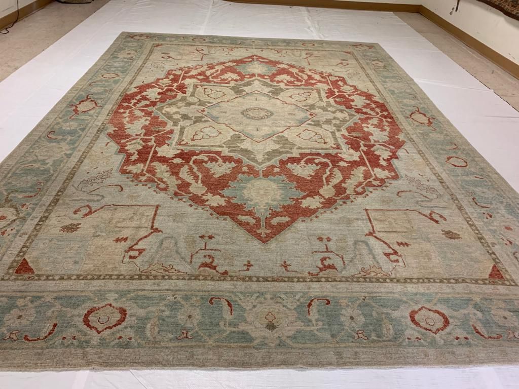 9x13 Red and Light Blue Turkish Oushak Rug