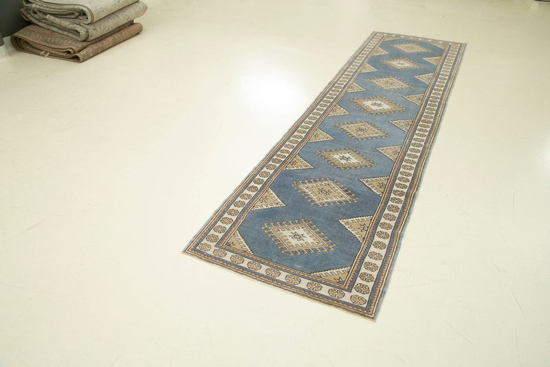 3x10 Blue and Ivory Turkish Tribal Runner