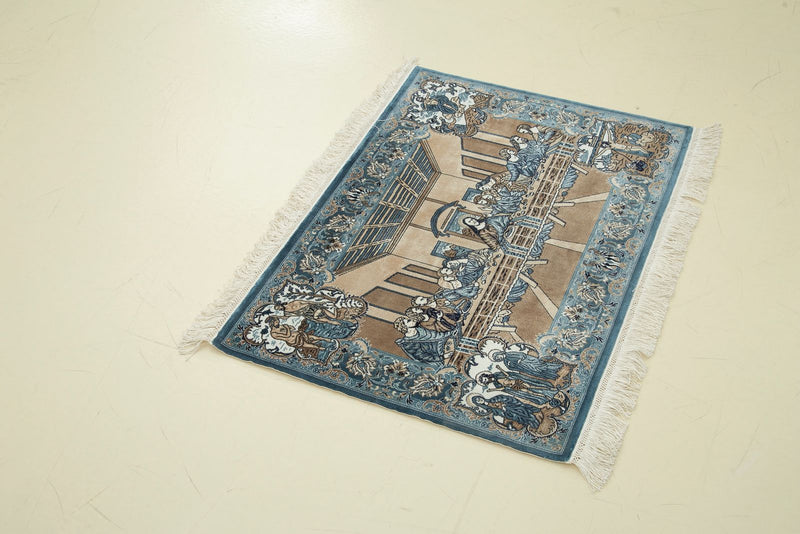 2x3 Blue and Multicolor Turkish Antep Rug
