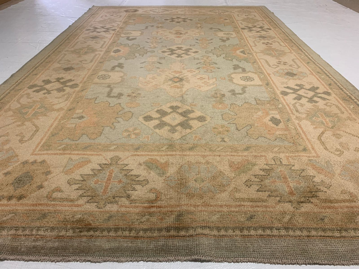 7x11 Blue and Ivory Turkish Oushak Rug