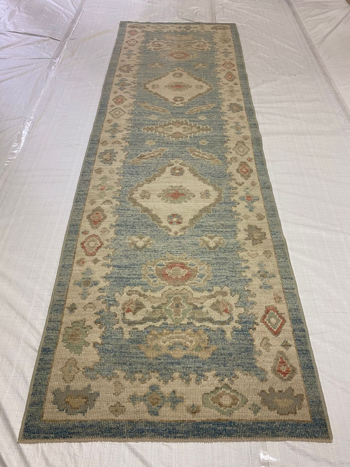 3x10 Blue and Ivory Turkish Oushak Runner