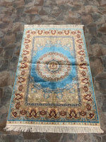 3x5 Blue and Red Turkish Silk Rug
