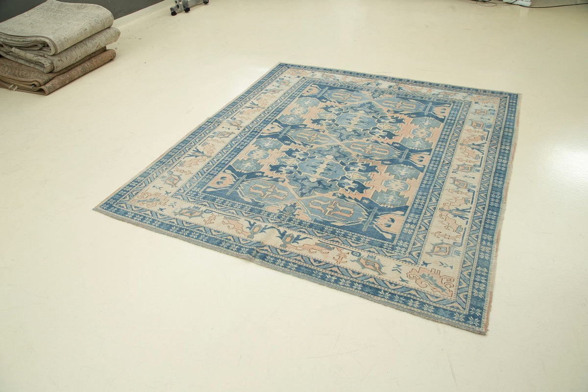 6x6 Blue and Ivory Turkish Tribal Rug