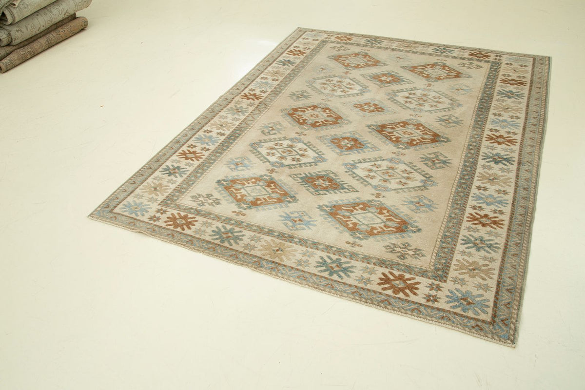 6x7 Multicolor and Ivory Turkish Tribal Rug