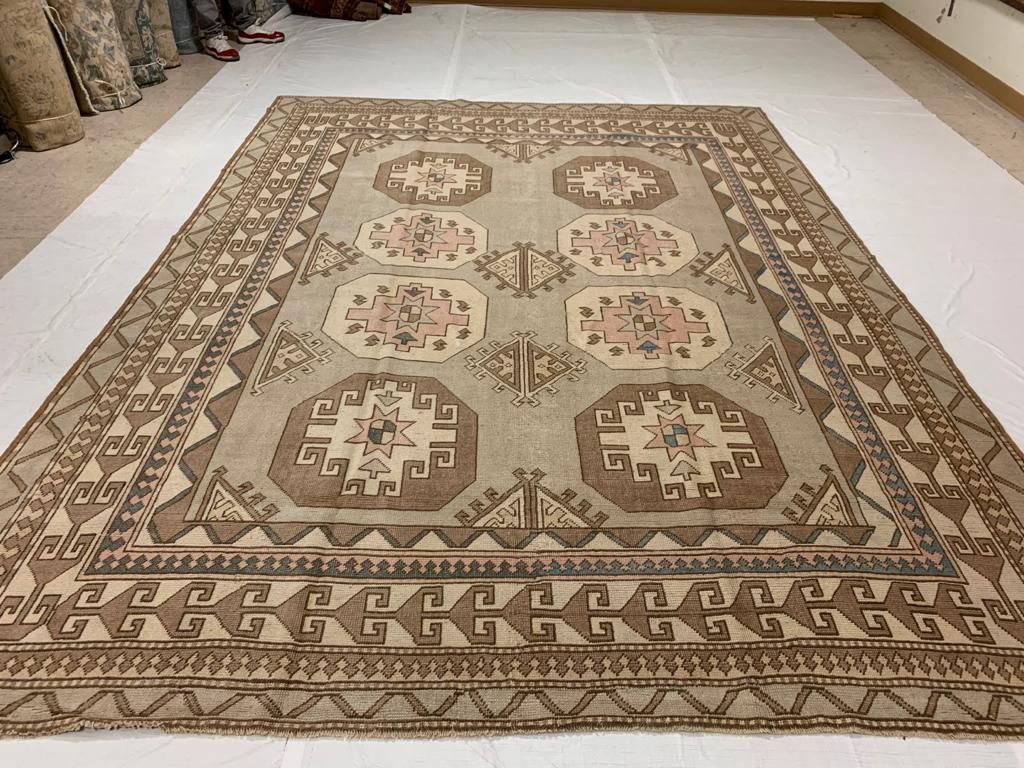 9x12 Ivory and Brown Turkish Tribal Rug