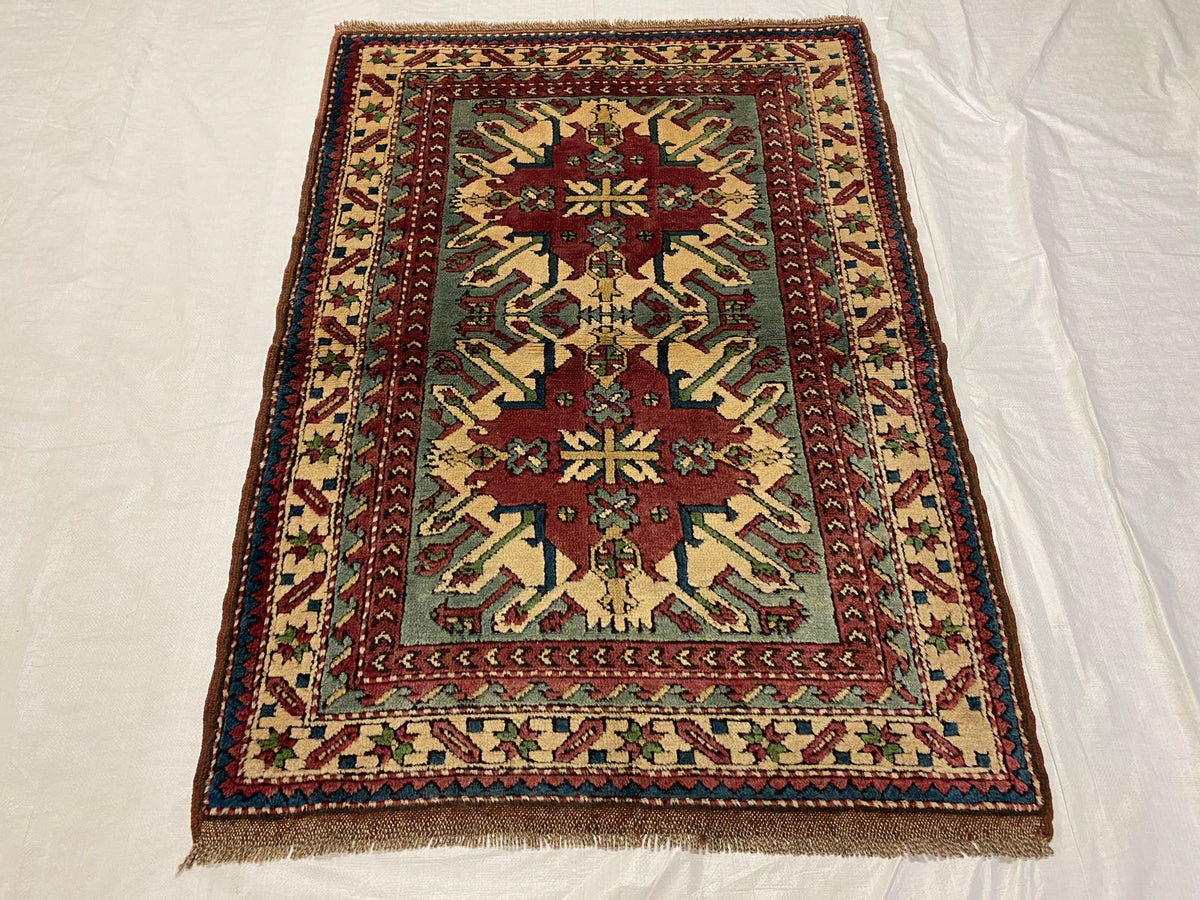 4x5 Red and Ivory Turkish Tribal Rug