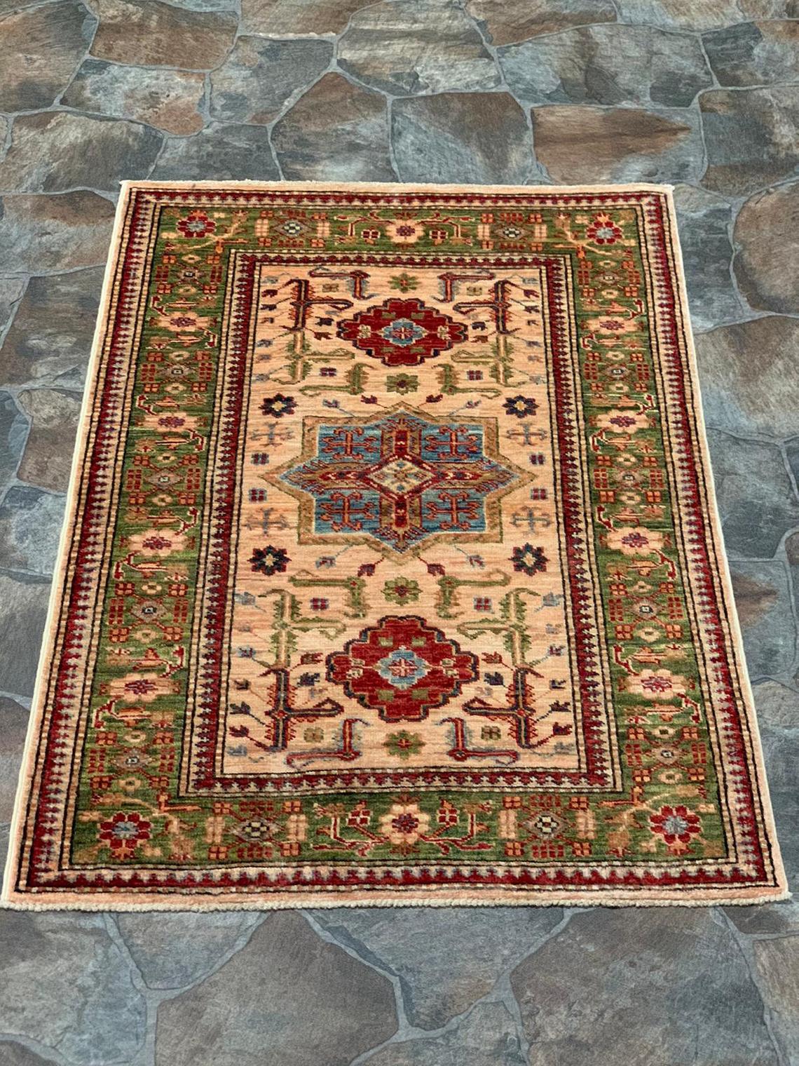 3x4 Ivory and Green Turkish Oushak Rug