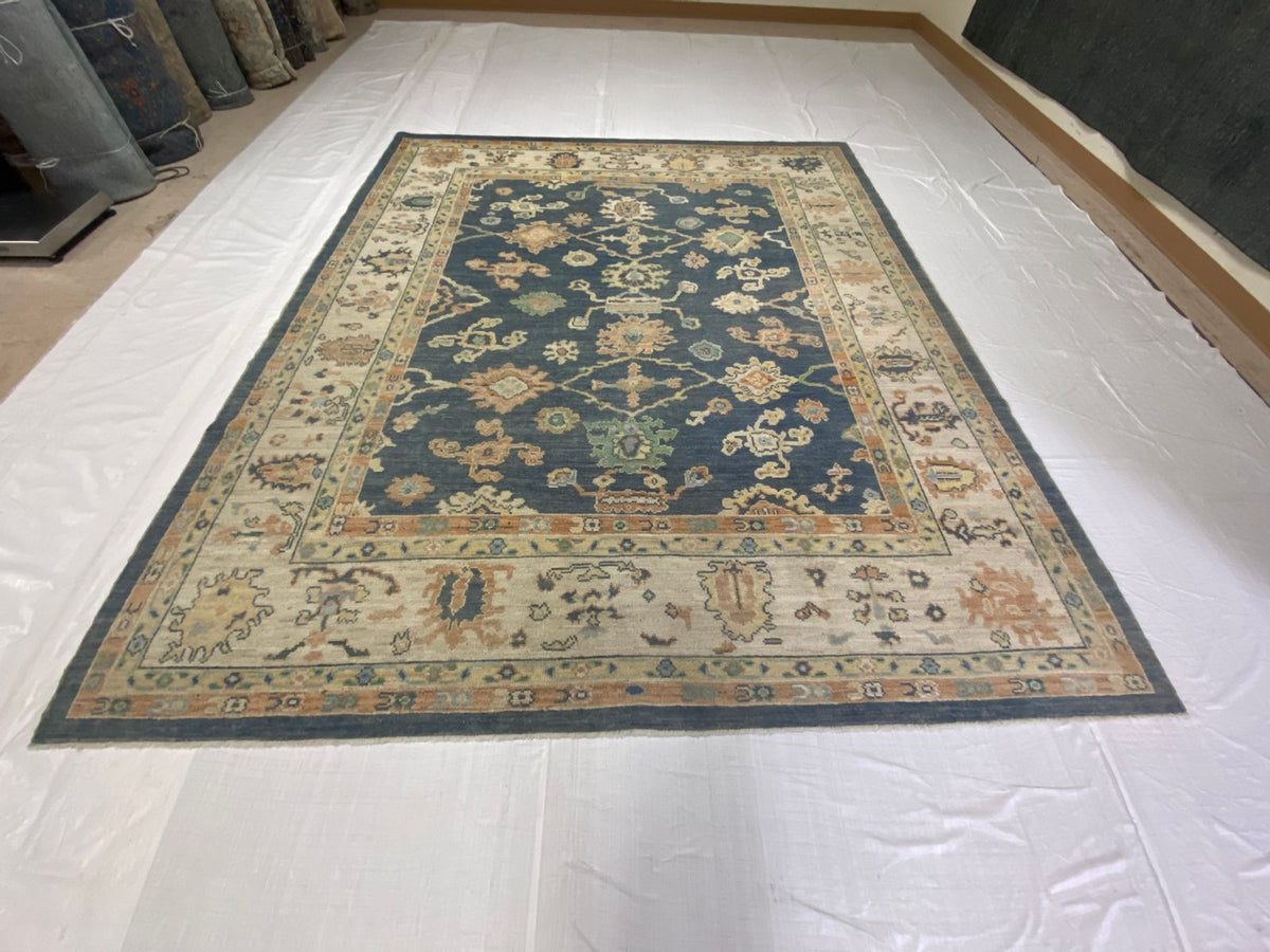 8x10 Blue and Ivory Turkish Oushak Rug