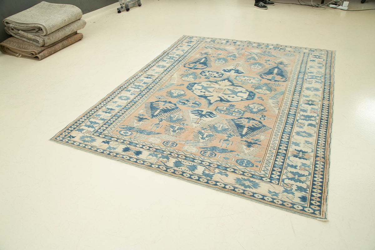 7x8 Pink and Blue Turkish Tribal Rug