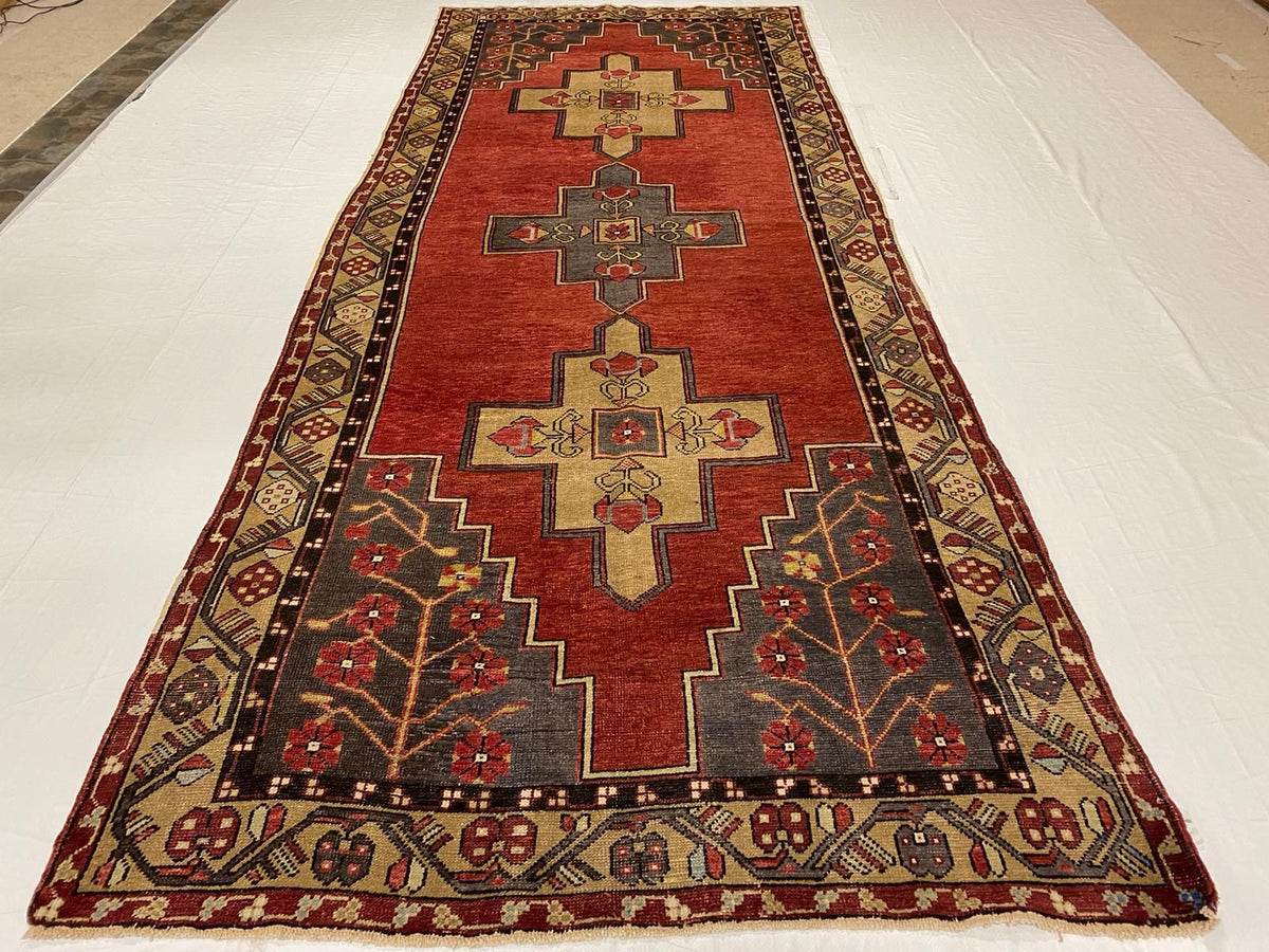 Vintage Handmade 5x12 Red and Beige Anatolian Turkish Tribal Distressed Area Runner
