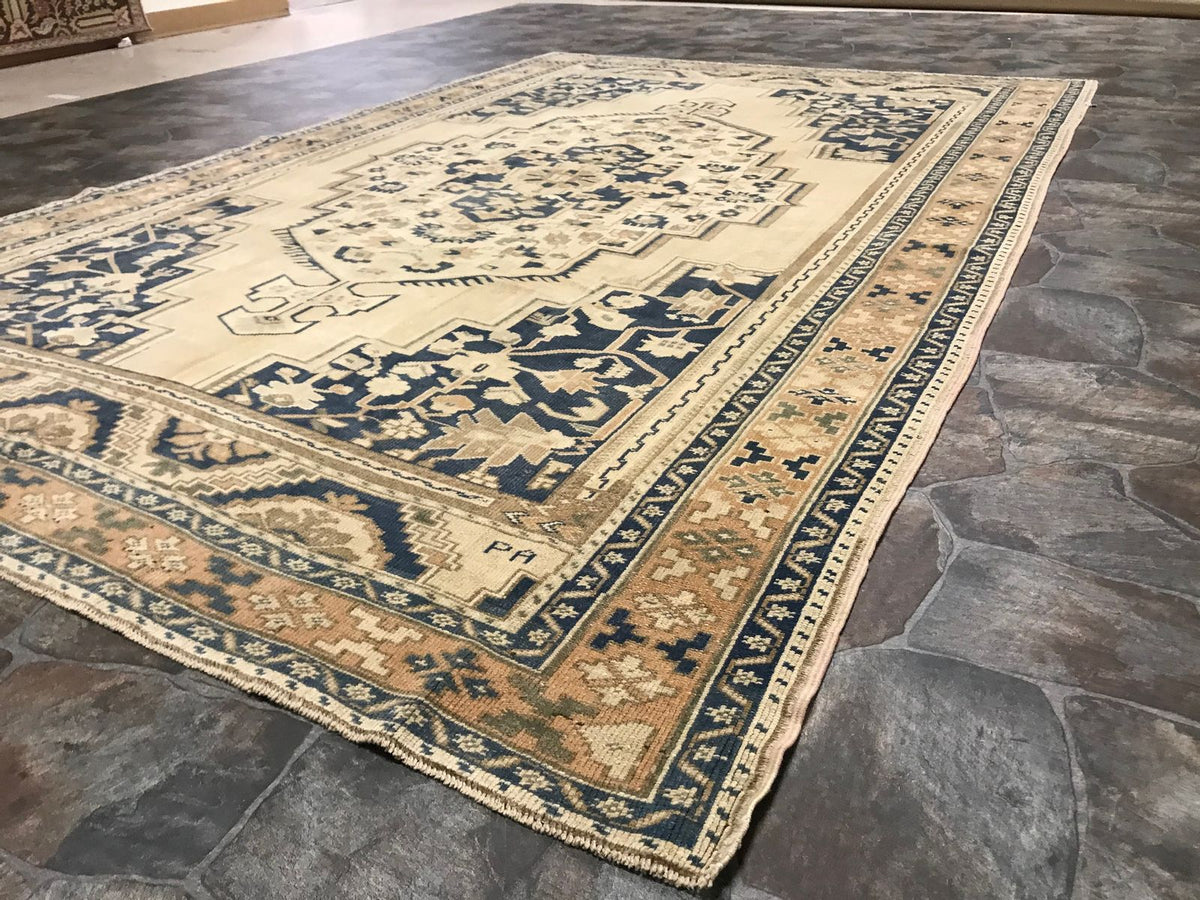 6x10 Blue and Beige Turkish Tribal Rug