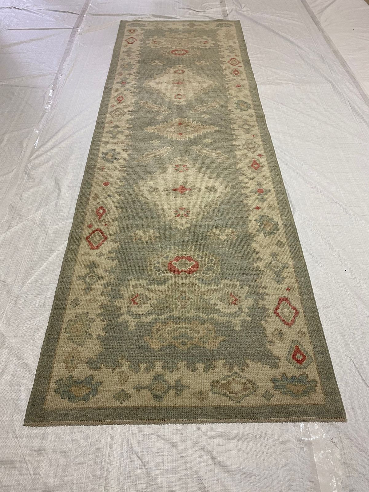 3x10 Blue and Ivory Turkish Oushak Runner