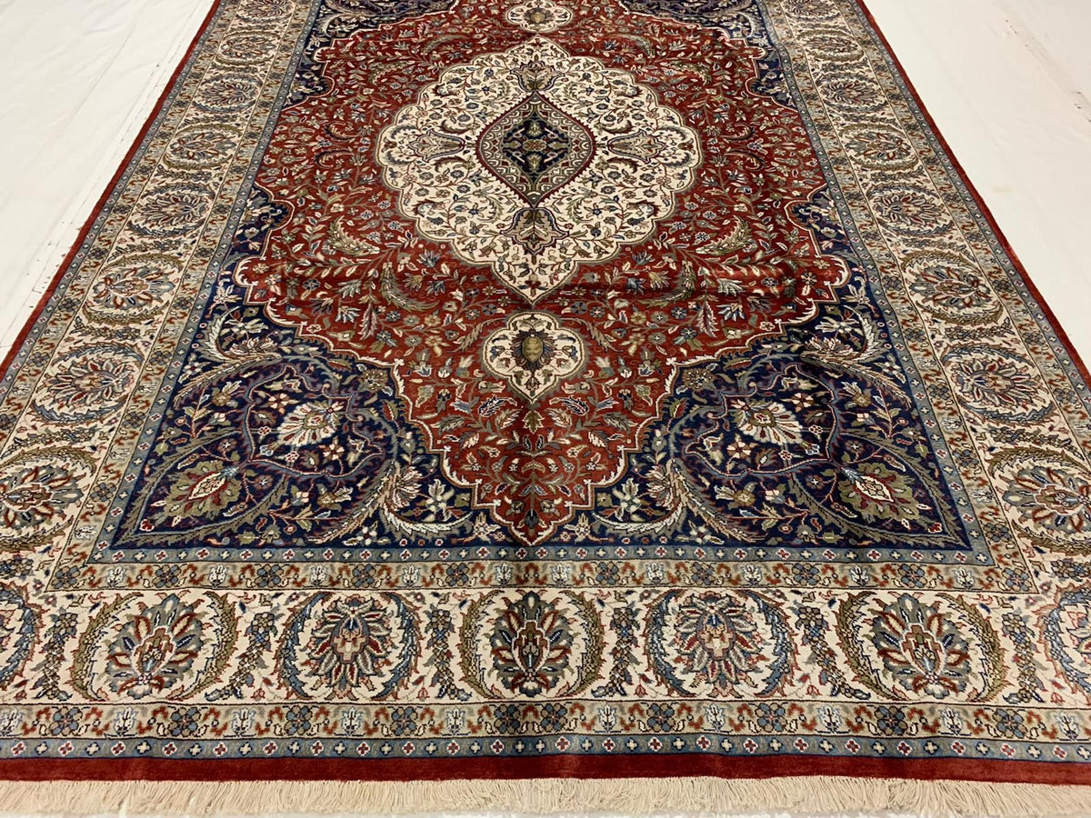 Vintage Handmade 7x10 Red and Ivory Anatolian Turkish Silk Hereke Distressed Area Rug