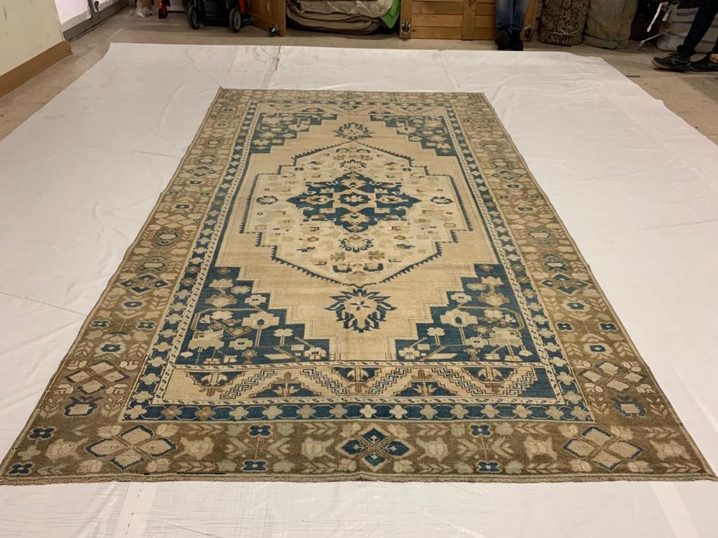 6x10 Ivory and Blue Turkish Tribal Rug
