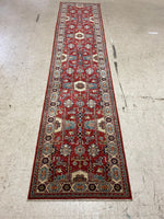 Vintage Handmade 3x11 Red and Ivory Anatolian Caucasian Tribal Distressed Area Runner